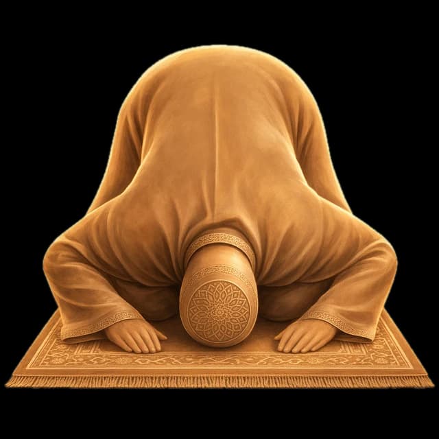 A faceless figure in sujud — forehead to the ground on a golden prayer mat, painted in deep navy and gold.
