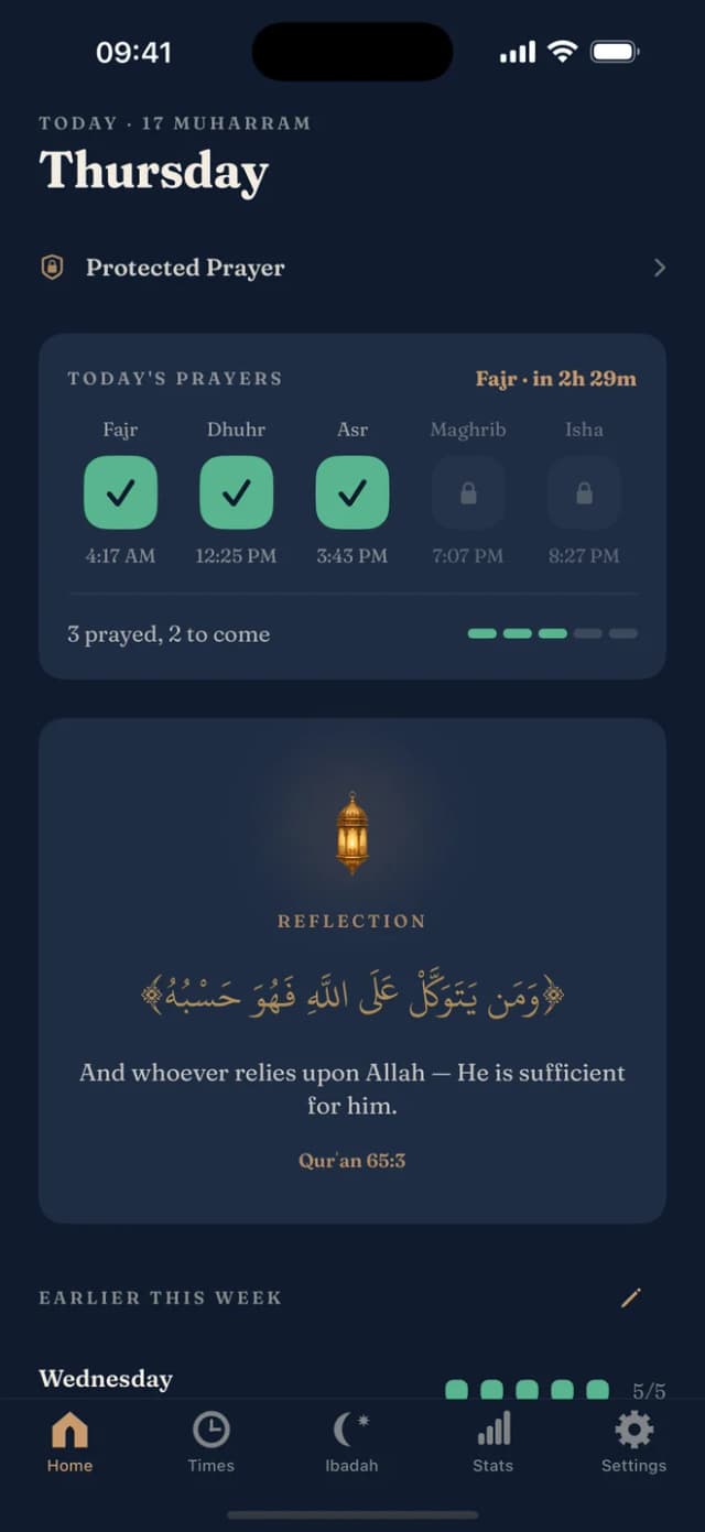 Deeny home screen showing today's five prayers and tracking ring