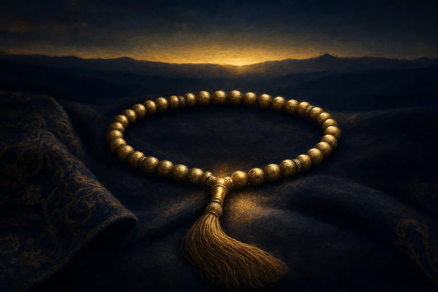 A brass tasbih of prayer beads laid in one complete closed loop on dark folded cloth, resting in three gentle clusters catching warm gold, a soft glow at the joining tassel, against a deep navy pre-dawn horizon.