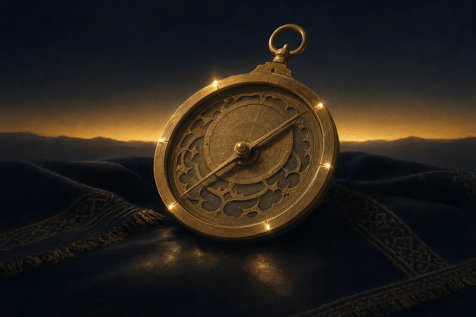 An open brass astrolabe-style dial resting on dark folded cloth, five evenly spaced gold-lit notches set around its rim and a slender pointer settled calm and true, faint reflections pooling beneath and a thin band of dawn light along the deep navy horizon behind.