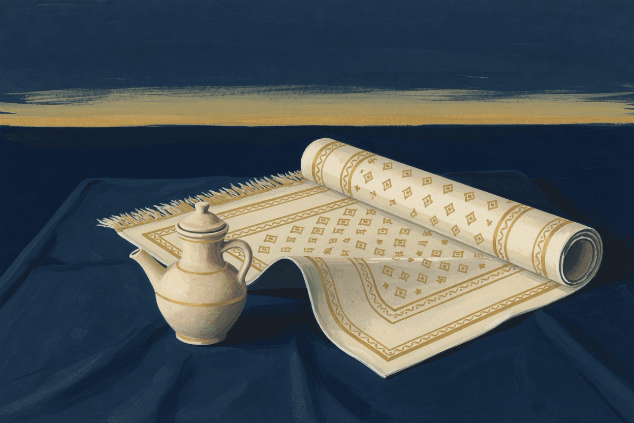 A cream prayer rug with a simple gold geometric border just beginning to unroll on dark navy cloth, a small unused clay ewer beside it, a thin dawn-gold band on a deep navy horizon.