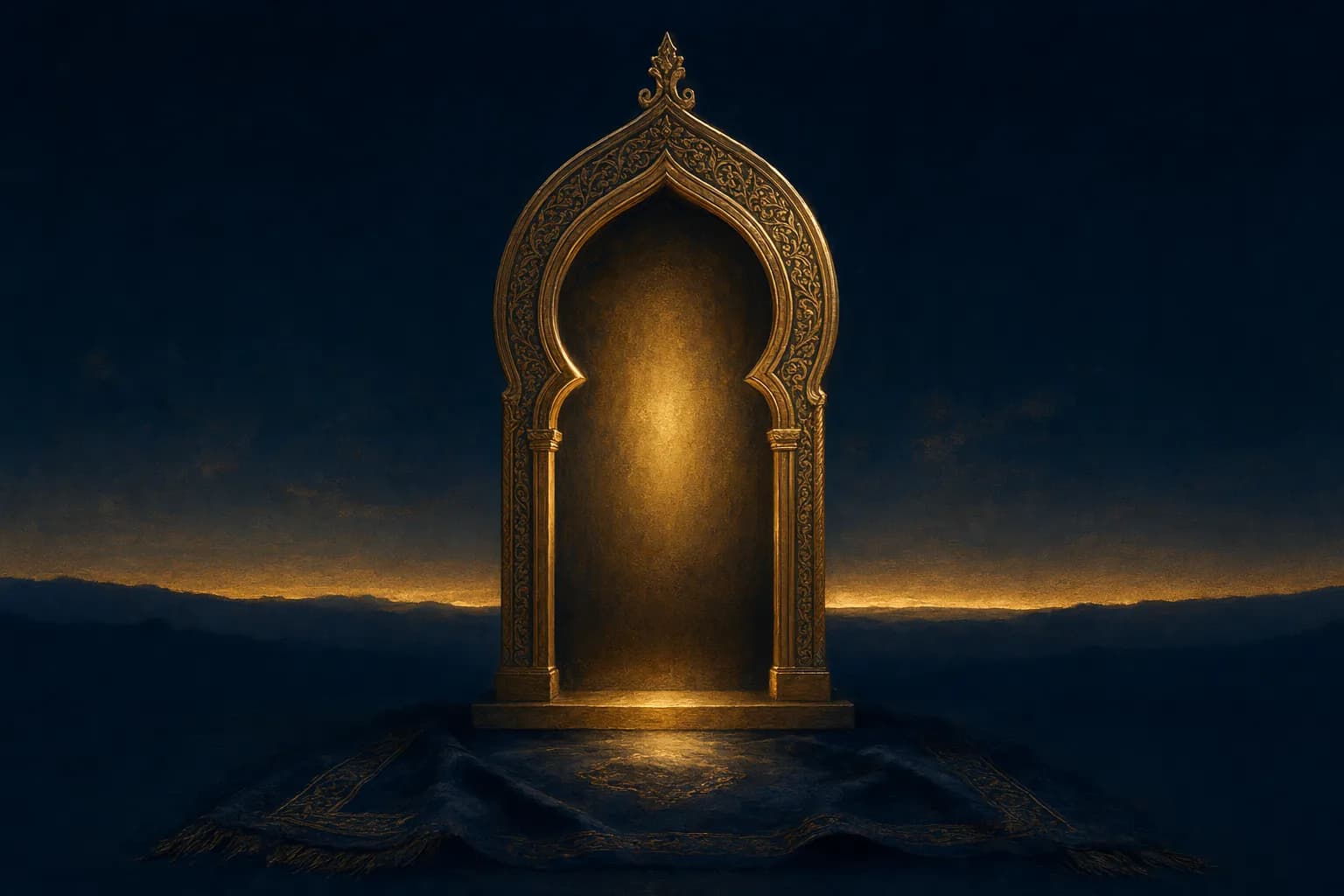 An ornate brass mihrab-arch niche standing upright on dark folded prayer cloth, its keyhole arch framing a calm pool of warm gold light as though marking the direction of prayer, soft cream highlights along its engraved rim and a thin band of pre-dawn gold along the deep navy horizon behind.