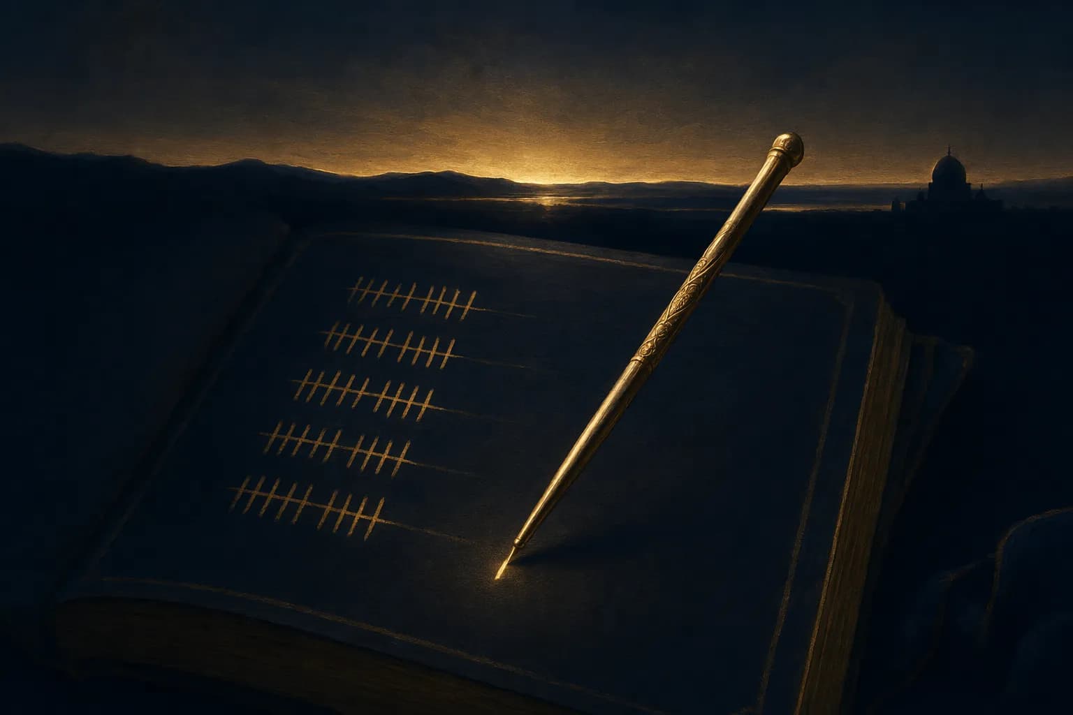 Un fin stylet en laiton posé sur la page sombre d'un registre marquée de cinq rangées discrètes de traits de pointage dorés, le trait le plus récent à la pointe du stylet brillant encore d'un éclat frais tandis que les marques plus anciennes s'apaisent dans une lumière plus douce, un mince ruban d'aube traçant l'horizon bleu nuit profond derrière.
