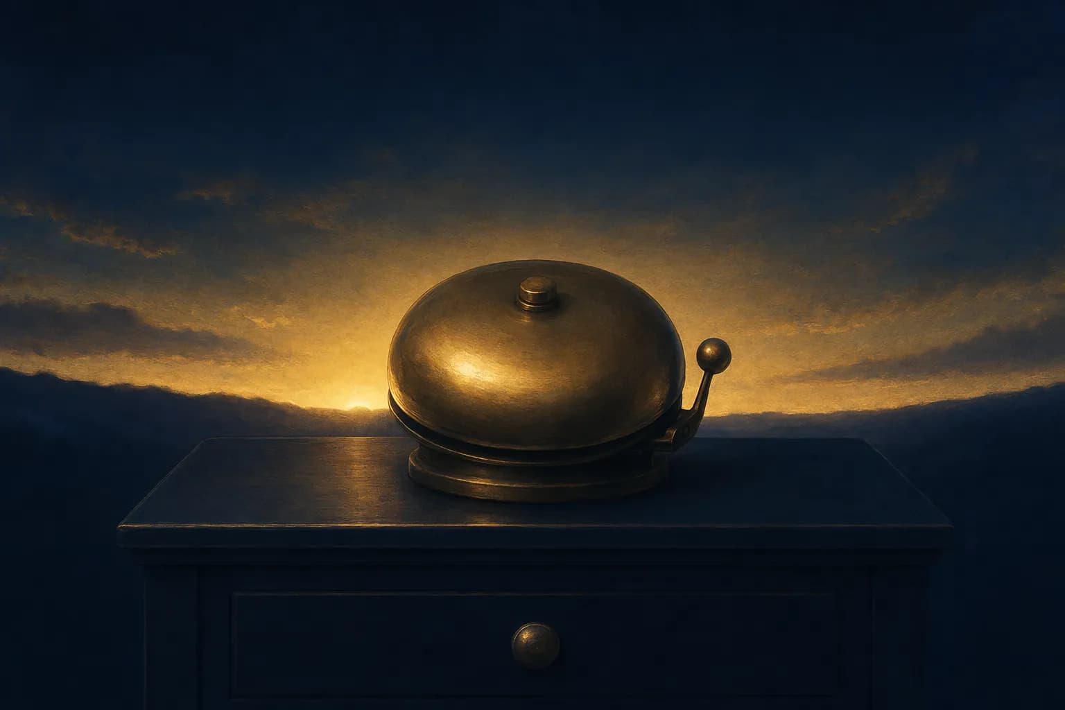 A single rounded brass alarm bell on a dark nightstand catching warm gold light along its curve, the very first thin sliver of cream-gold dawn breaking low across the deep navy sky behind it as a soft halo of waking light gathers around the bell.