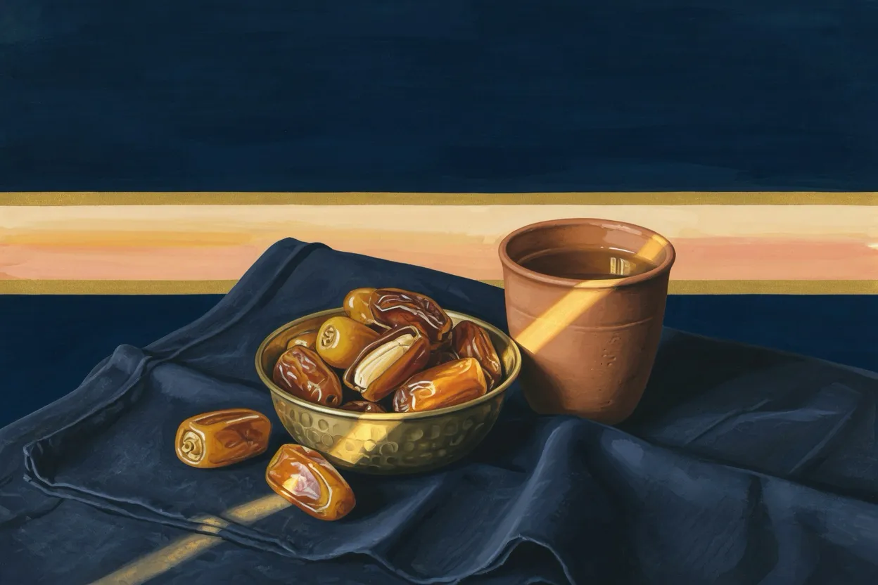A small brass bowl of dates and a clay cup of water catching a single warm gold highlight on dark folded cloth, a thin band of sunset gold resting on a deep navy horizon behind them.