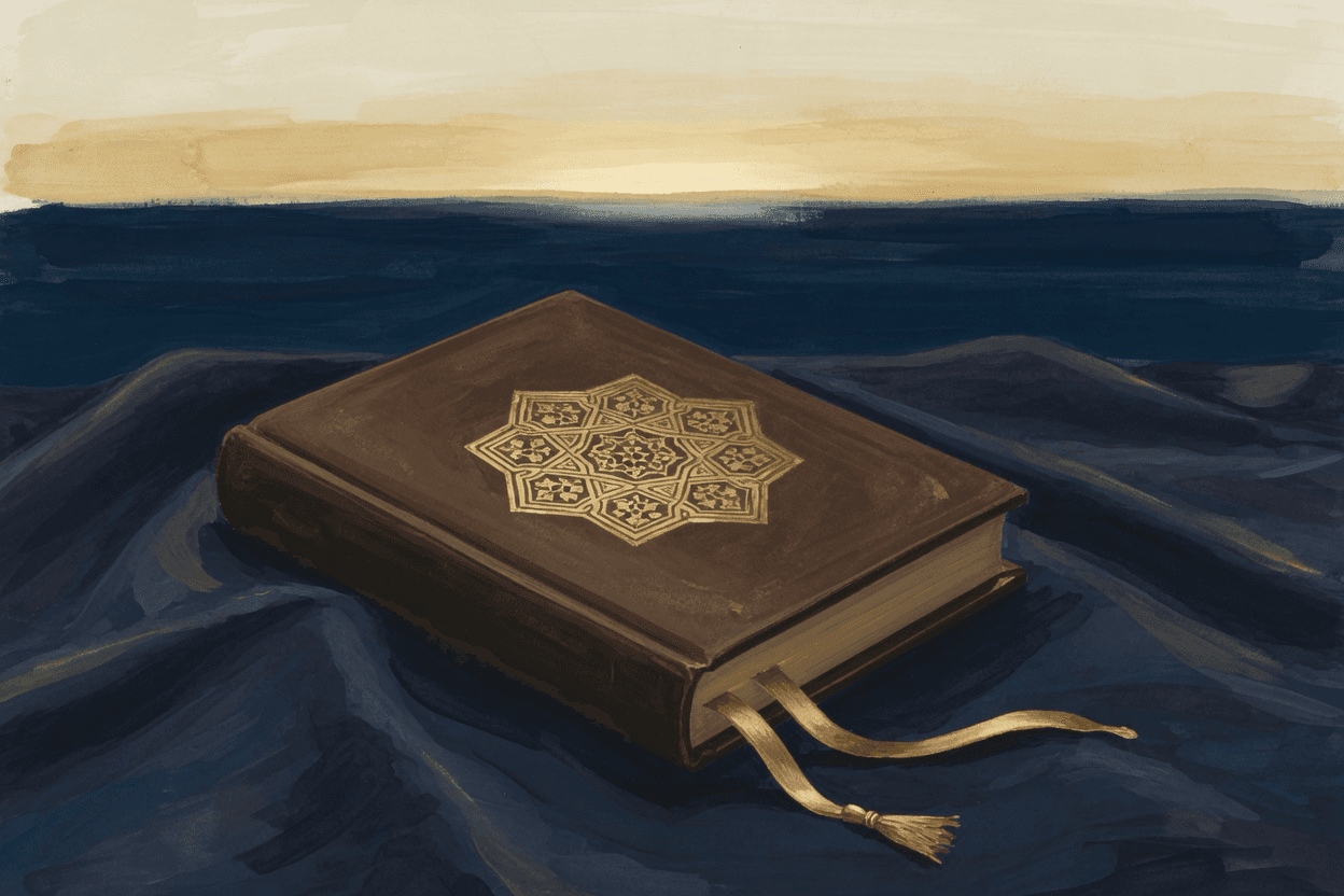 A closed dark leather mushaf with a gold geometric medallion and a gold ribbon bookmark resting on navy cloth, a cream dawn band on a deep navy horizon, no readable writing.