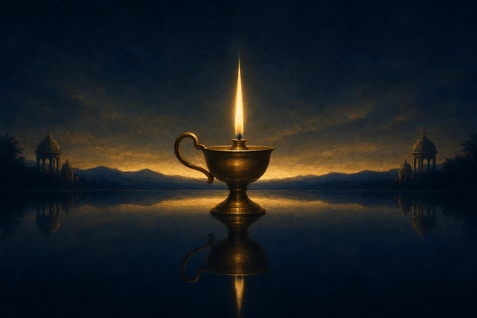 A slender brass lamp burning with one tall, perfectly steady upright gold flame mirrored in a calm dark pool of still water beneath it, everything around hushed in deep navy stillness, soft cream light on the lamp curve and a faint band of pre-dawn gold on the horizon.