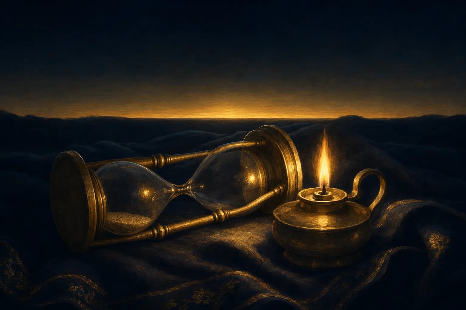 Un sablier de laiton élancé couché sur le côté sur une étoffe sombre pliée, son sable entièrement écoulé, tandis qu'à côté une petite lampe à huile en laiton brûle d'une flamme dorée régulière et intacte, une mince bande d'aube dorée traçant l'horizon bleu nuit derrière.