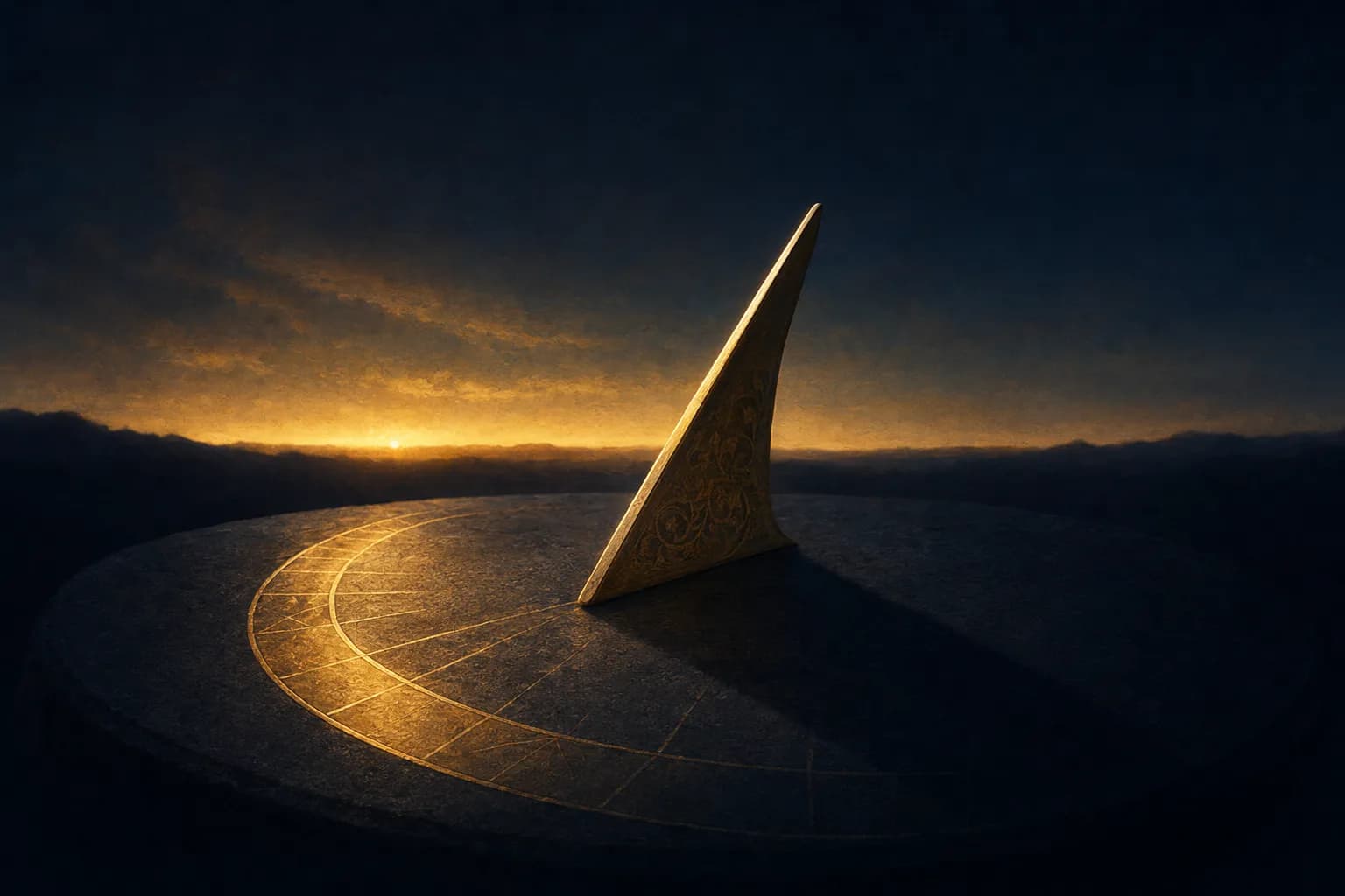 Le gnomon en laiton d'un cadran solaire posé sur une pierre sombre projette une douce ombre dorée sur un arc courbe à peine gravé, le début de l'arc baigné d'un or chaud et lumineux tandis que la fin s'estompe dans une ombre bleu nuit profonde, avec un fin liseré de lumière d'aube qui rougeoie bas sur l'horizon.