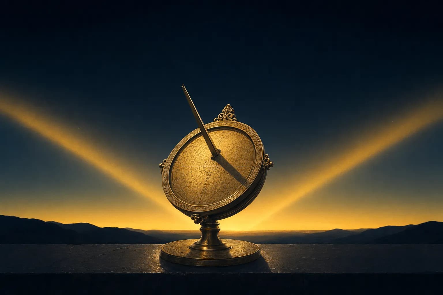 A brass sundial with a long shadow on a dark stone ledge against a deep navy pre-dawn sky, where two layered bands of warm gold twilight rise from below the horizon at slightly different angles.