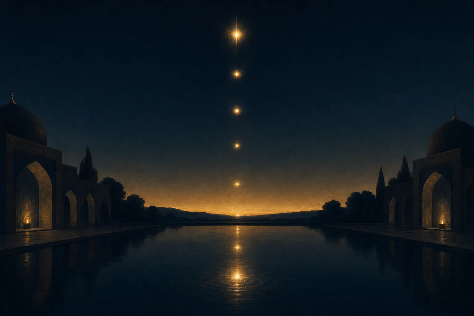 A dark navy prayer mat folded at the corner beside a slim brass counting bead loop, five gold beads catching light in a gentle upward curve while the rest rest dim, a shallow brass bowl holding a single lit wick nearby, and a thin ribbon of gold dawn along the deep horizon behind.