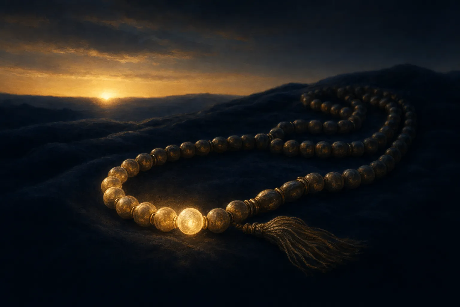 Un long chapelet de prière en laiton enroulé sur une étoffe sombre, son extrémité lointaine se perdant dans l'ombre tandis que les grains plus proches s'éclairent un à un d'un or chaud, comme égrenés patiemment vers l'avant, avec une fine bande de lumière d'aube au ras de l'horizon bleu nuit profond derrière.