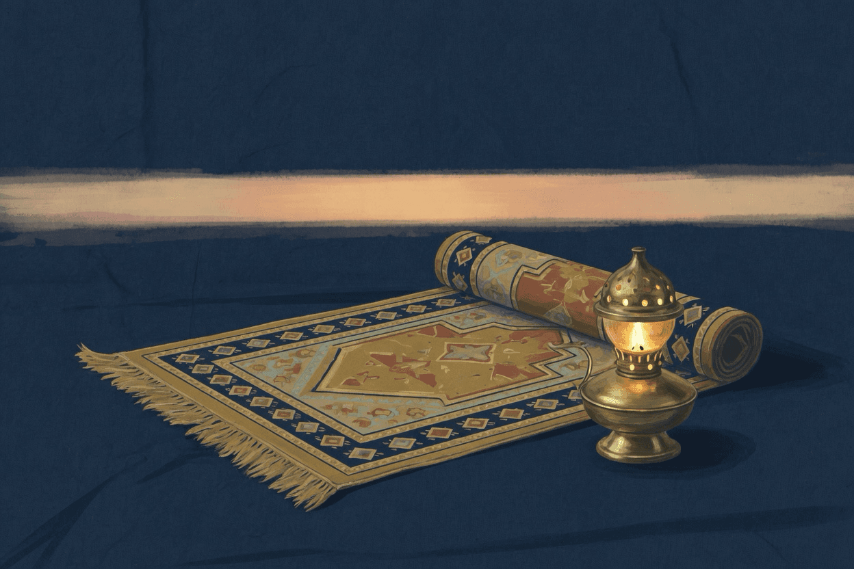 A prayer rug unrolled a little on dark cloth, a brass lamp glowing steadily beside it in late afternoon light, a thin tired gold band of sun low on a deep navy horizon.