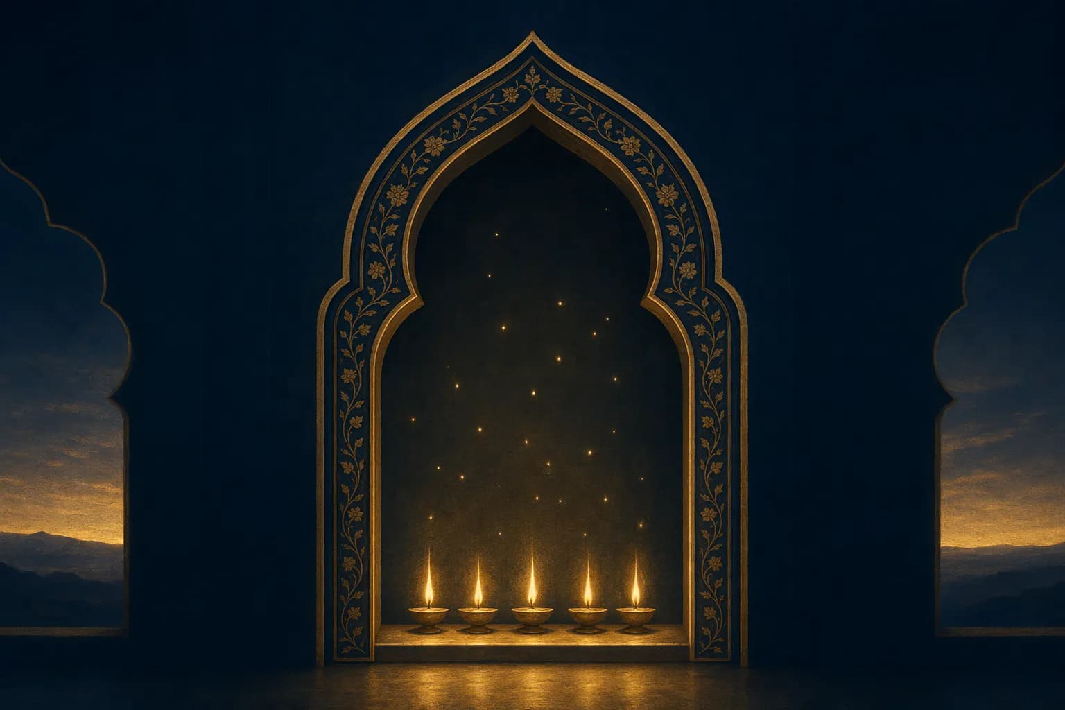 A dark navy prayer-bead cord curved into a gentle loop, five larger gold beads spaced evenly along the near arc catching warm light while smaller unlit beads trail into shadow behind them, the whole strand resting on folded deep-blue cloth beneath a thin band of gold dawn tracing the horizon.