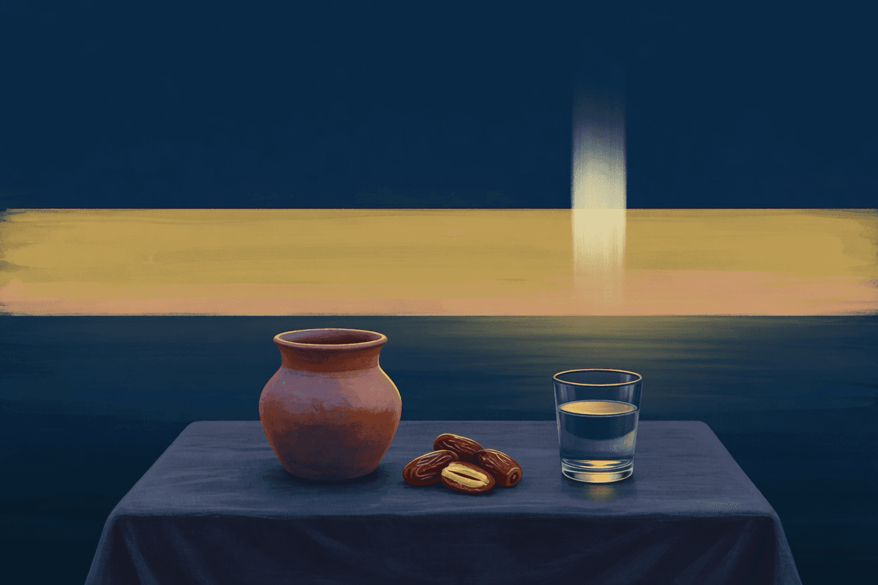 A clay jug, a few dates, and a glass of water on a dark cloth table under a deep navy sky, a broad gold band of dawn running the full horizon while a faint vertical column of cream light fades above it.
