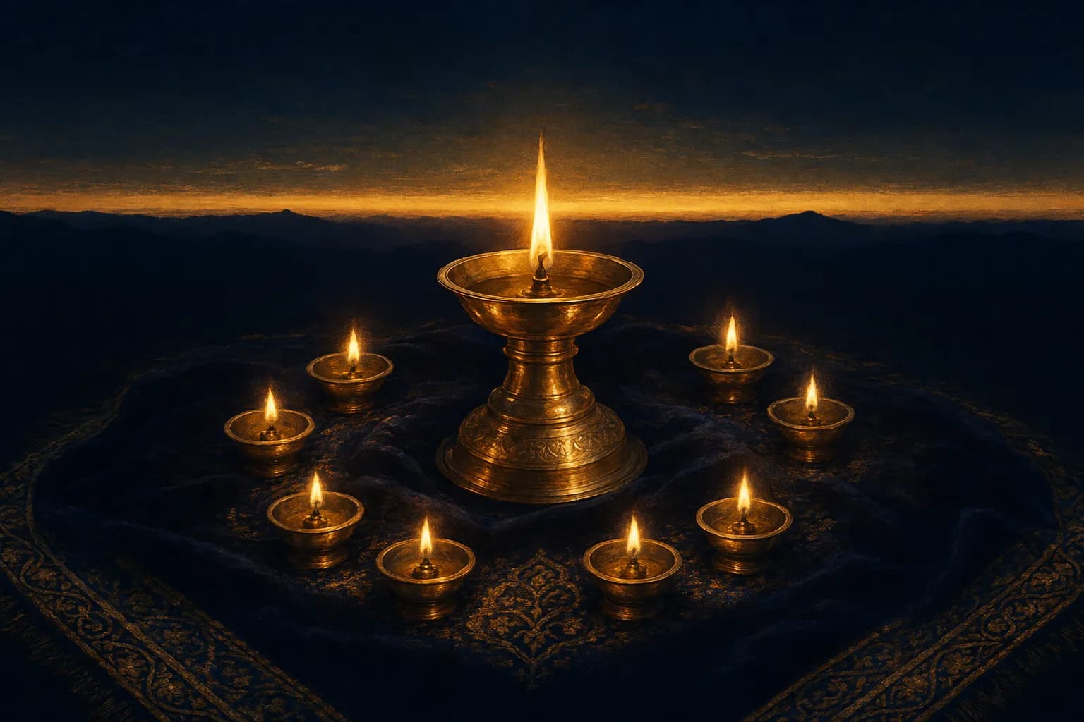 Une lampe à huile centrale en laiton portant une haute flamme dorée et stable, posée sur un tapis de prière sombre soigneusement plié, entourée d'un doux cercle de petites lampes votives en laiton allumées de flammes plus tendres, des nappes d'or se rassemblant entre elles et un mince ruban d'or d'avant l'aube traçant l'horizon bleu nuit profond à l'arrière-plan.