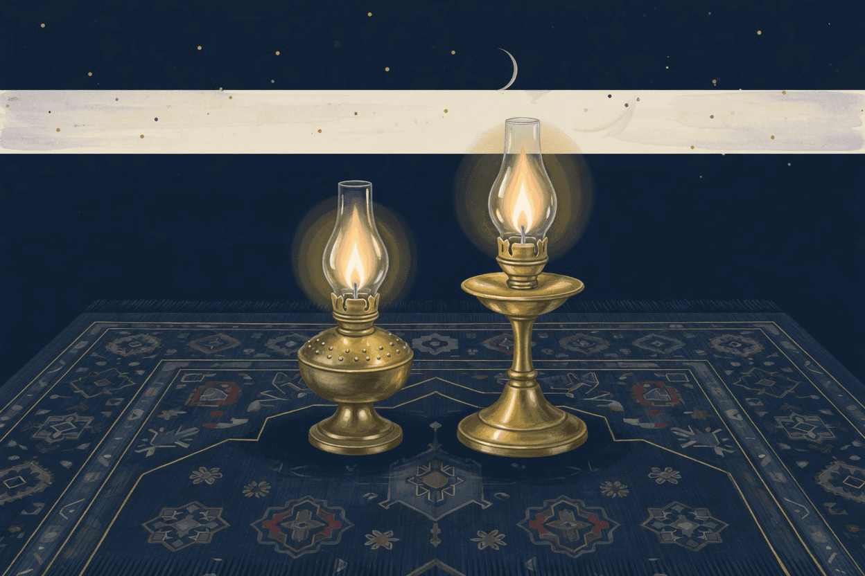 Two small brass lamps side by side on a dark prayer rug, one slightly taller, both lit with the same warm gold flame under a deep navy night.