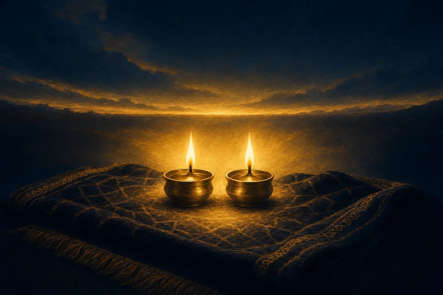 Deux petites lampes à huile en laiton identiques posées côte à côte sur un tapis de prière sombre à motifs, chacune brûlant d'une flamme dorée calme et régulière, leur lumière chaude se répandant bien plus largement que deux si petites lampes ne le devraient, l'aube dorée bas sur l'horizon derrière.
