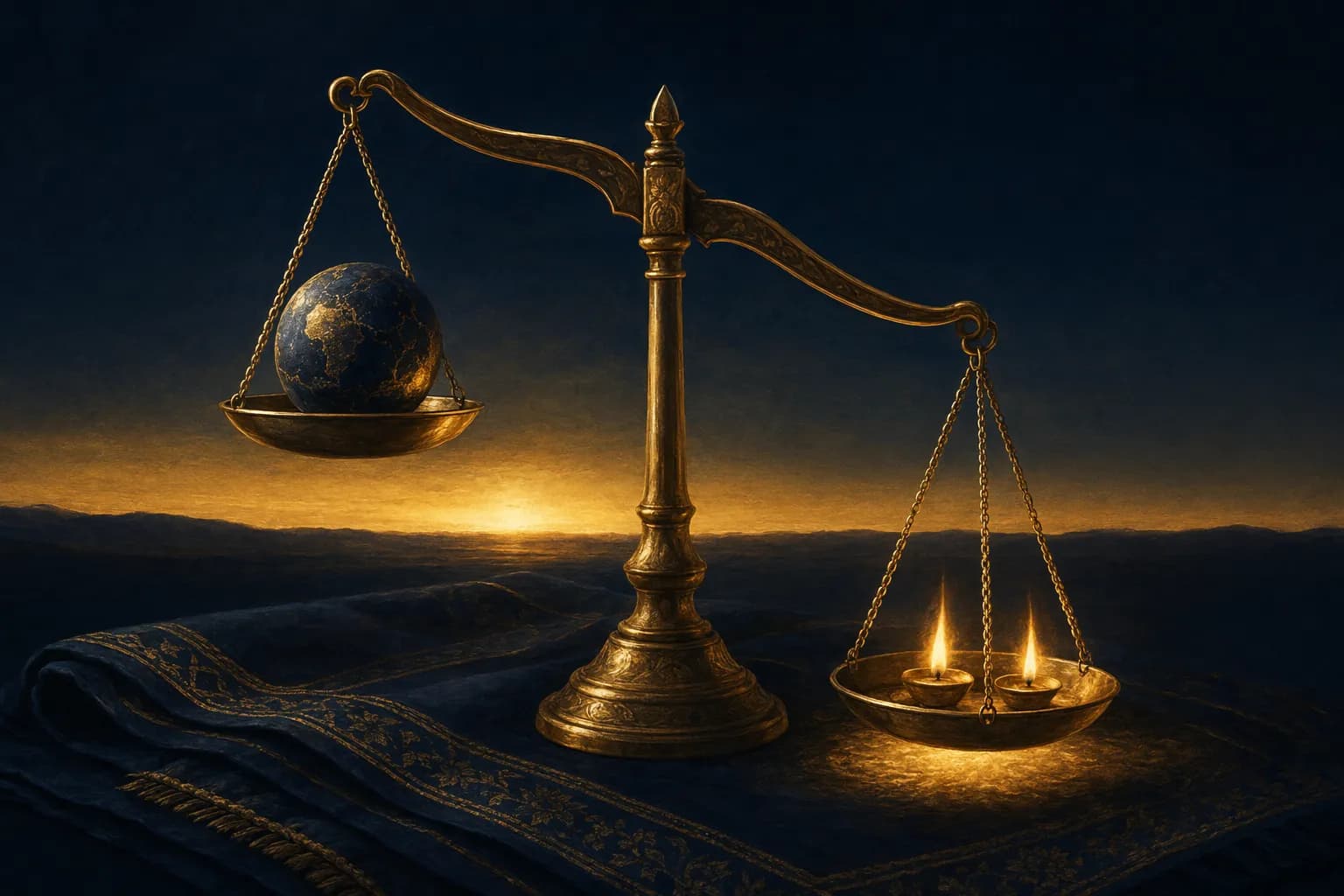 Une balance ancienne en laiton posée sur une étoffe de prière sombre : un globe bleu nuit veiné d'or pâle repose sur le plateau relevé, tandis que deux petites lampes à huile allumées font pencher l'autre plateau vers le bas, une lumière dorée se répandant sous elles.