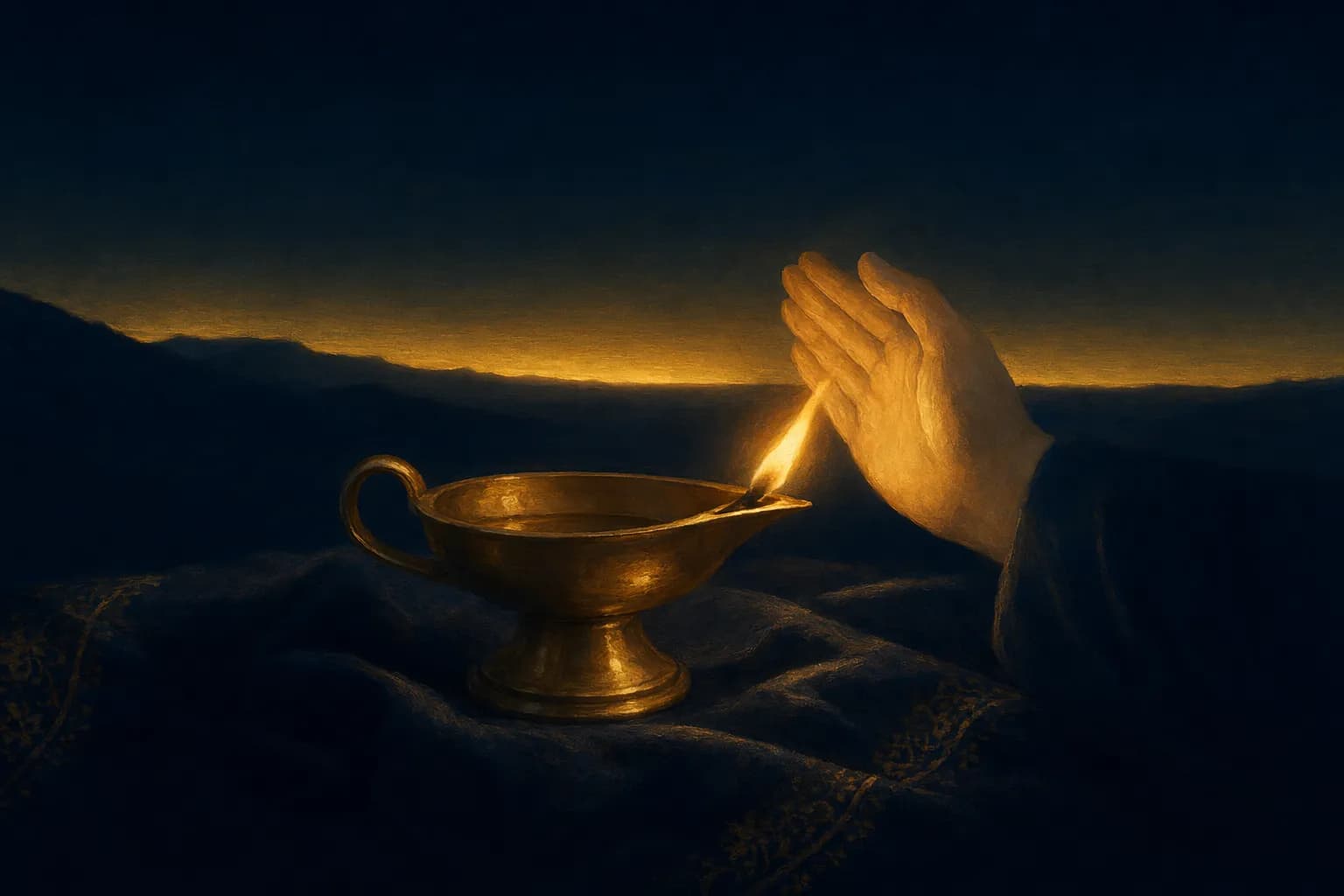 A small brass oil lamp on dark folded cloth, its wavering gold flame steadied upright by a second cupped glow, against a deep navy pre-dawn horizon.