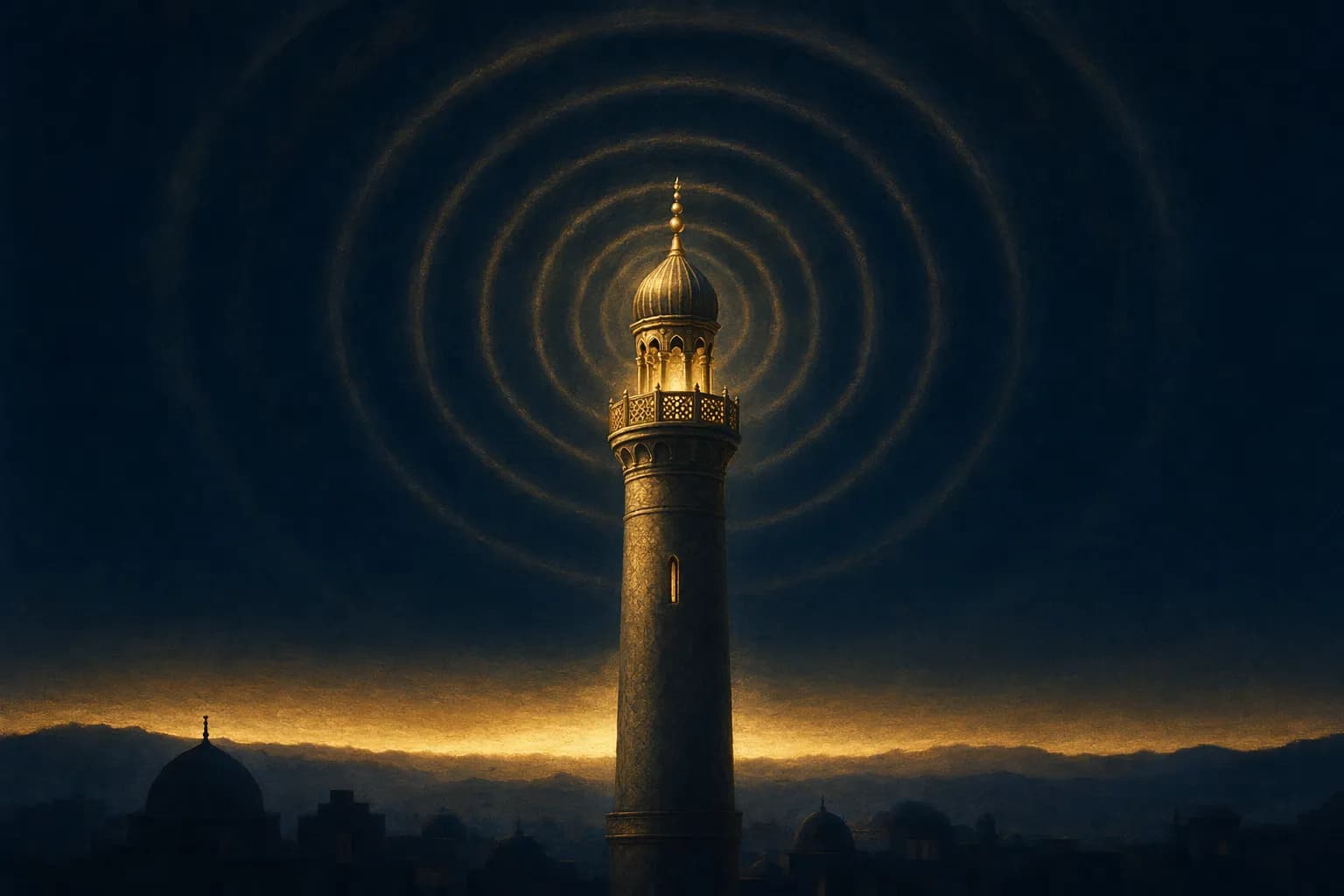 A slender brass minaret rising against a deep navy pre-dawn sky, faint concentric rings of warm gold light rippling outward from its top balcony, a thin low band of gold dawn along the horizon.