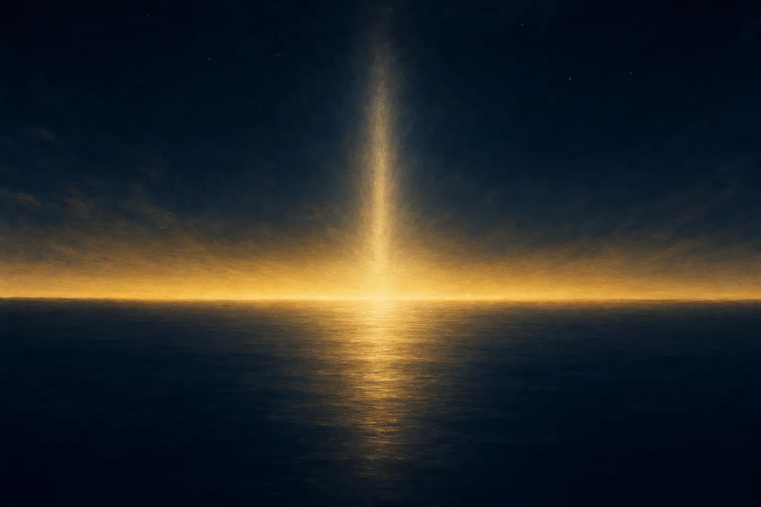 A wide still expanse of dark navy water beneath a pre-dawn sky, where a narrow vertical column of pale cream light tapers upward while a broad unbroken band of warm gold spreads horizontally along the whole horizon, mirrored softly in the calm water.