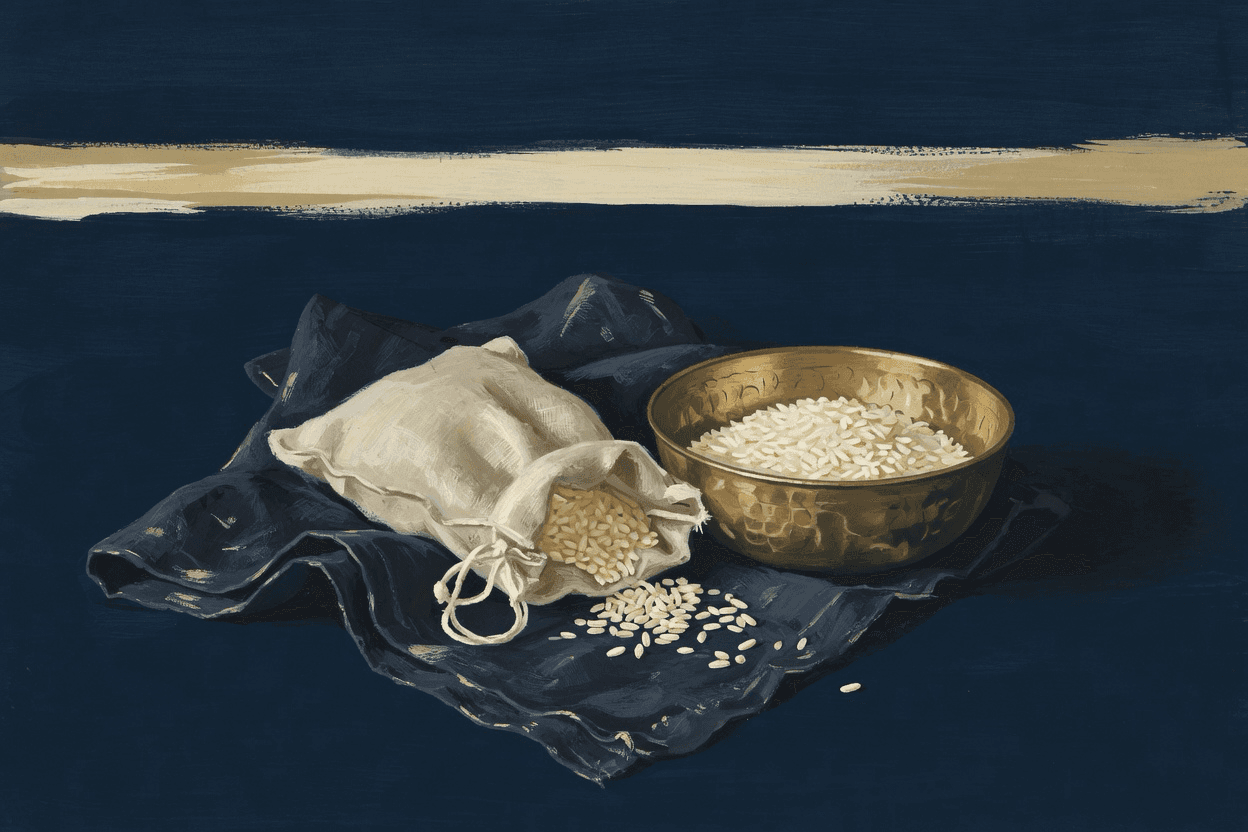 A small linen sack of pale grain open on folded navy cloth beside a hammered brass bowl holding a modest scoop of rice, a thin cream dusk band on a deep navy horizon, no writing.