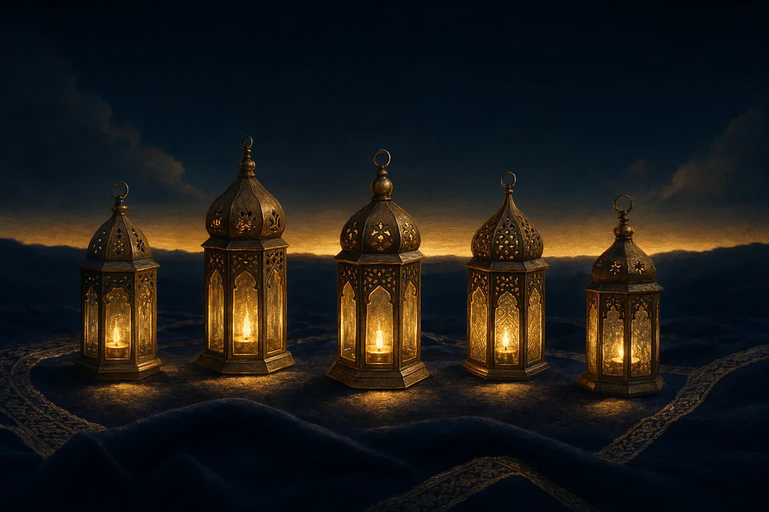 Five small brass lanterns of slightly different shapes arranged in a gentle arc across dark folded cloth, each lit with its own warm gold flame and pooling soft light beneath it, a thin band of dawn tracing the deep navy horizon behind, a calm range of choices.