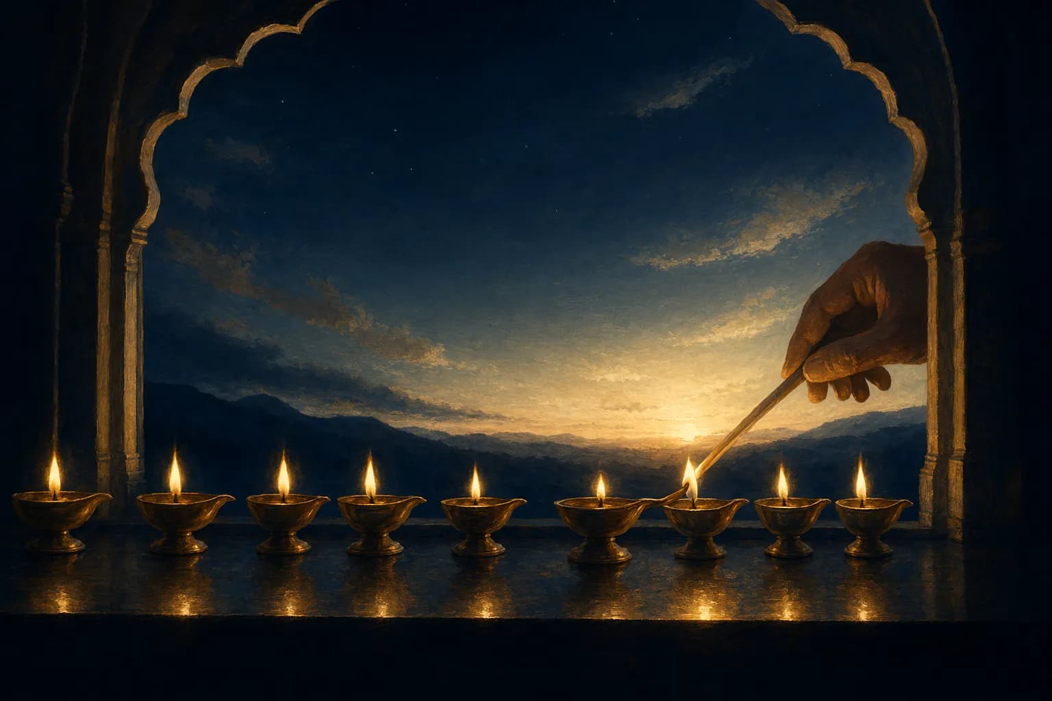 A softly painted row of small brass lamps along a dark sill against a navy pre-dawn sky, most glowing with gold flames while a hand relights one near the middle with a thin taper, warm cream dawn light rising behind them.