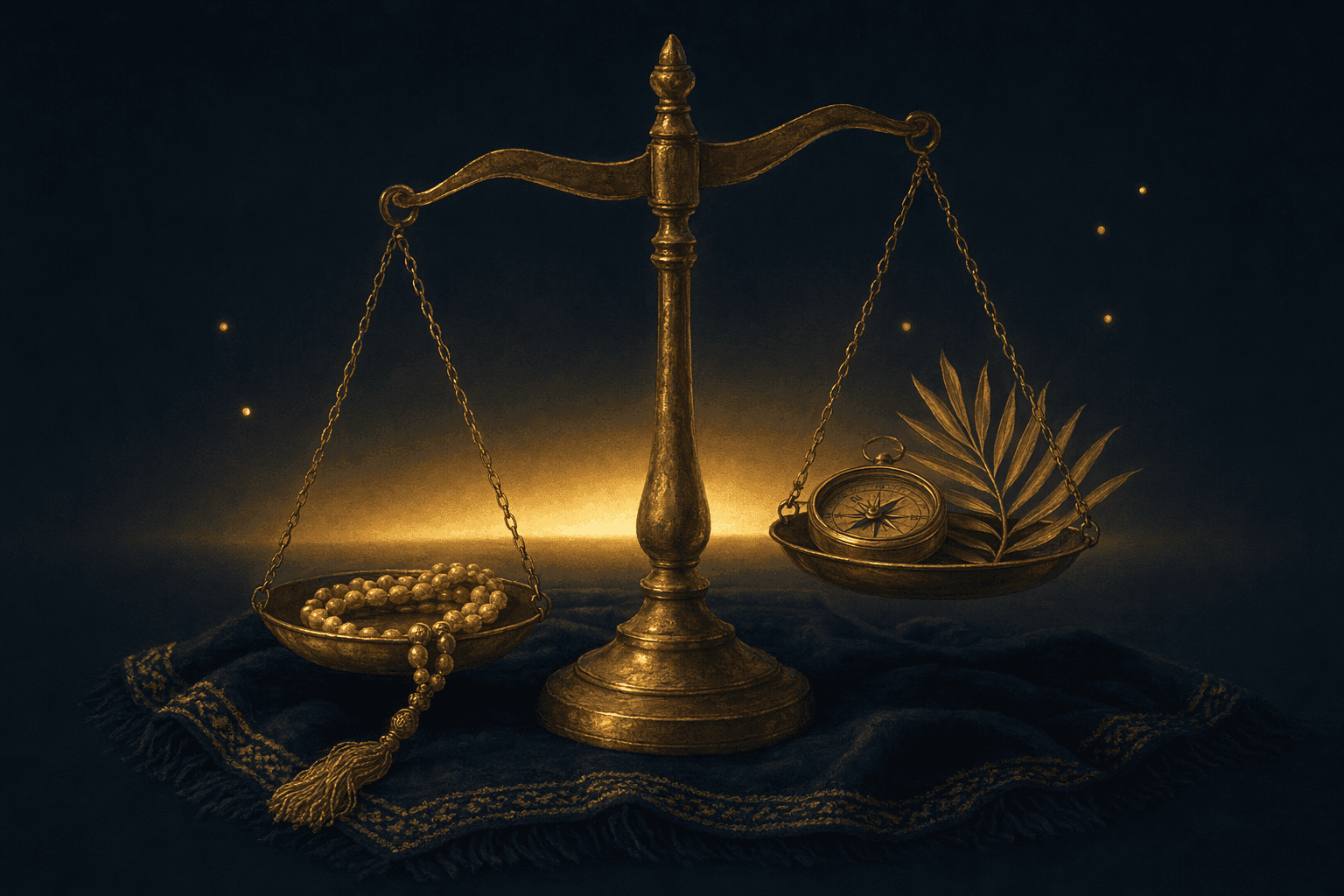 A warm gold-and-navy gouache illustration of an antique brass balance scale on dark folded cloth, one pan holding a glowing prayer-bead tasbih and the other a small brass compass and palm leaf, with soft points of gold light beside it and a ribbon of dawn light behind.