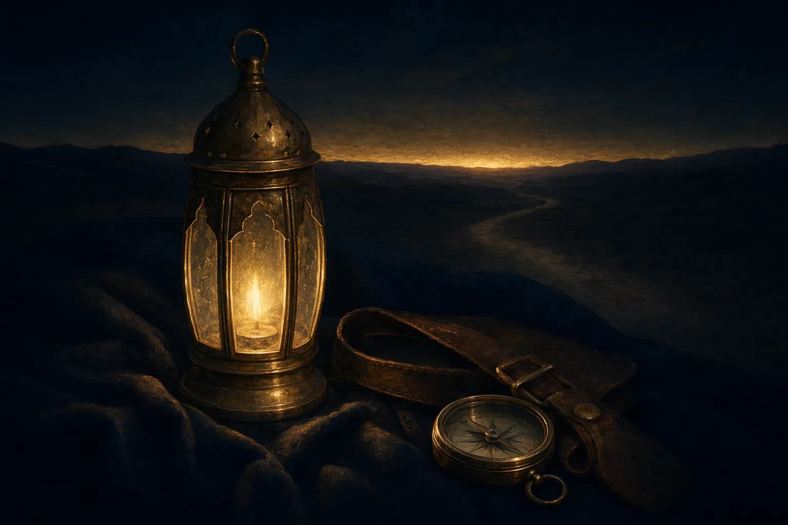 A small brass traveler lantern glowing warm gold on dark folded cloth beside a loosely coiled leather strap and a closed brass compass, a faint dusty road fading into deep navy distance behind them and a thin band of pre-dawn gold along the horizon.