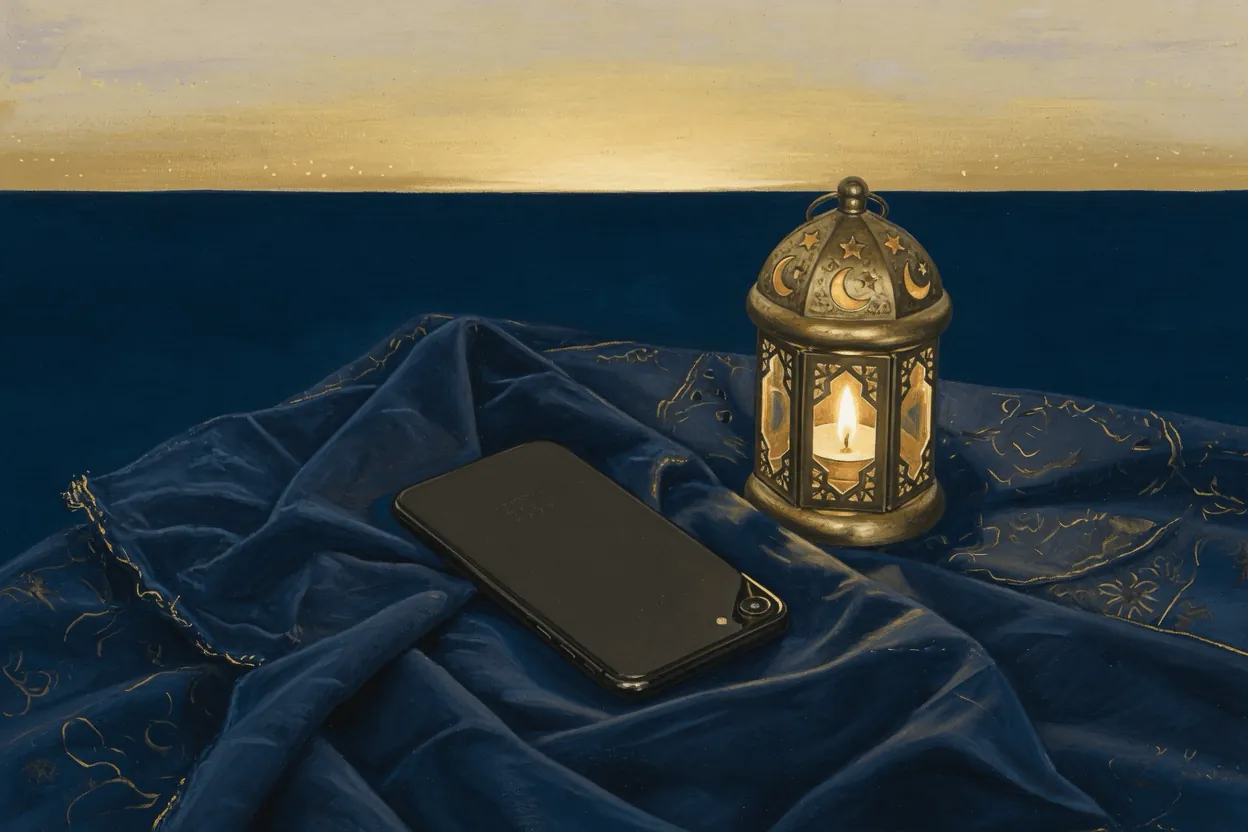 A dark phone lying still on folded navy cloth beside a small brass lantern whose candle is the only light, a wide gold dusk band on a deep navy horizon.