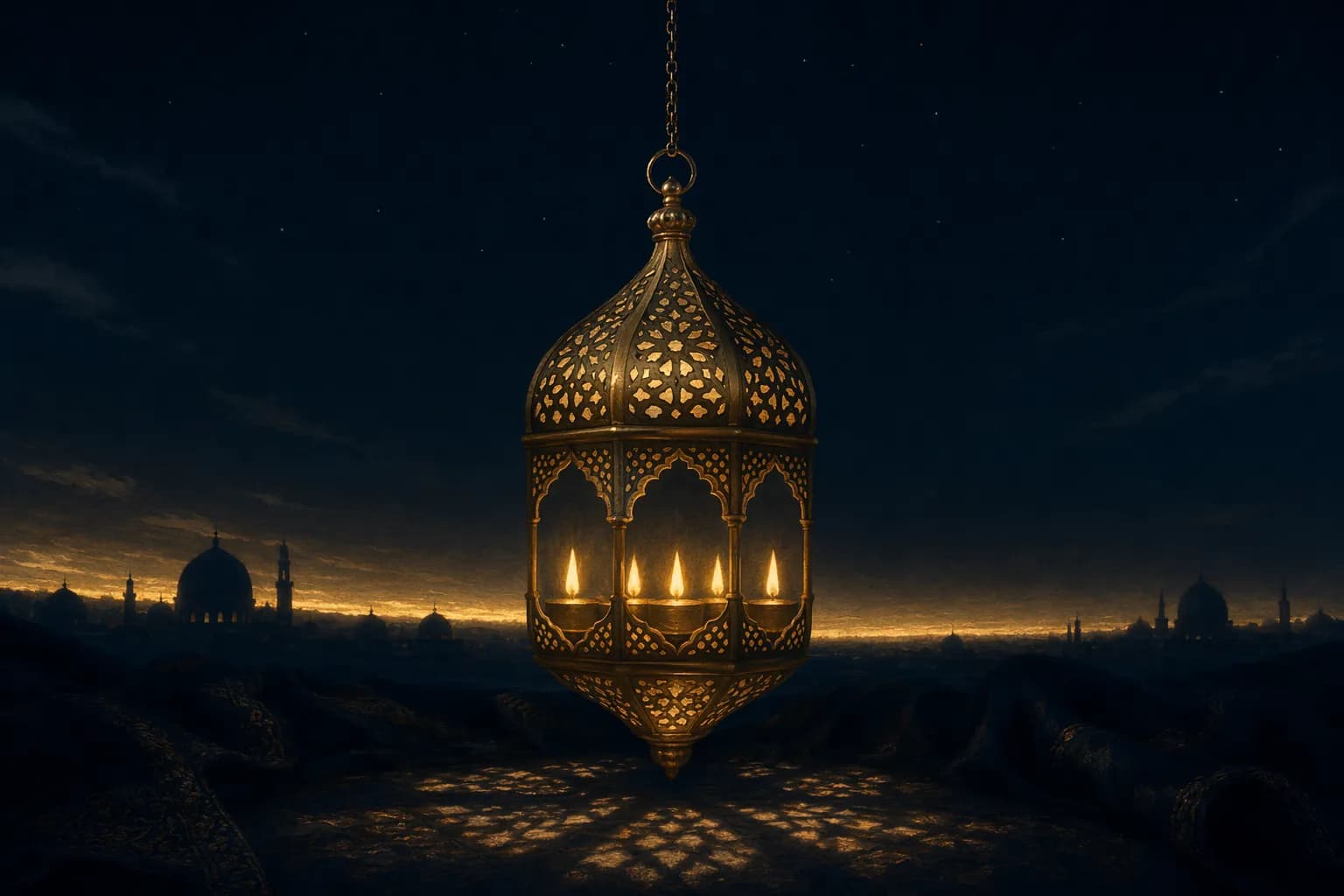 Une lampe de mosquée en laiton ajouré, suspendue à une fine chaîne sur fond de bleu nuit profond, cinq petites flammes d'or chaud brillant dans son abat-jour à treillis et projetant de doux motifs géométriques de lumière dorée sur l'étoffe sombre en dessous, une mince bande d'or d'avant l'aube bas sur l'horizon derrière.