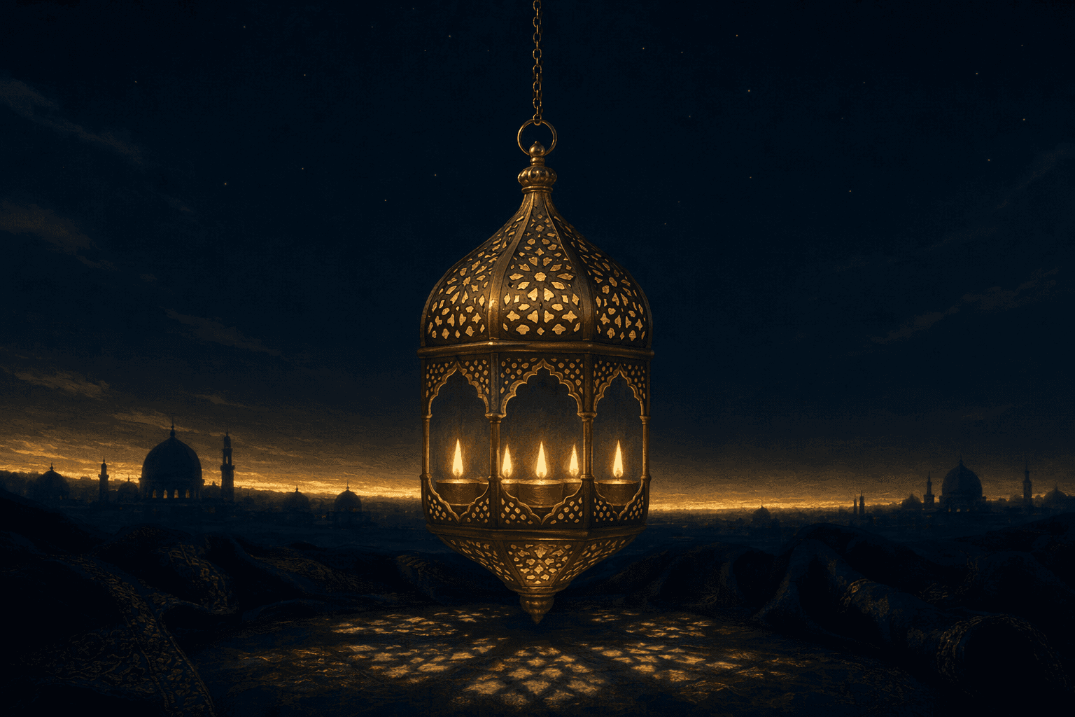 An ornate pierced brass mosque lamp hanging on a slender chain against deep navy darkness, five small warm gold flames glowing within its lattice shade and casting soft geometric patterns of gold light onto the dark cloth below, a thin band of pre-dawn gold low on the horizon behind.