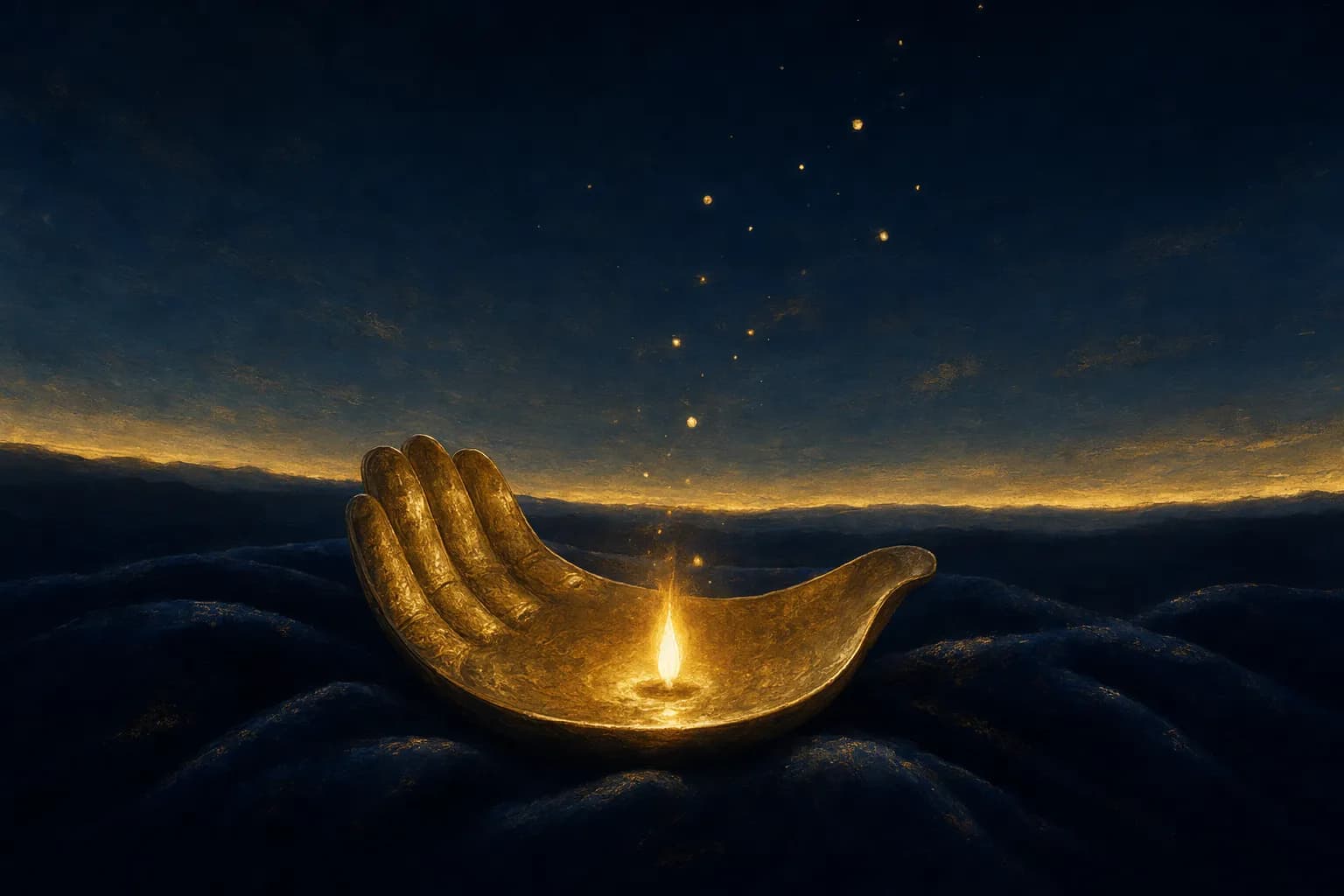 A pair of open cupped hands rendered in warm gold light, offering a single small glowing oil lamp forward against deep navy folded cloth, no chain or lock anywhere near it, faint reflections pooling on the cloth beneath and a thin band of gold dawn light tracing the deep navy horizon behind.