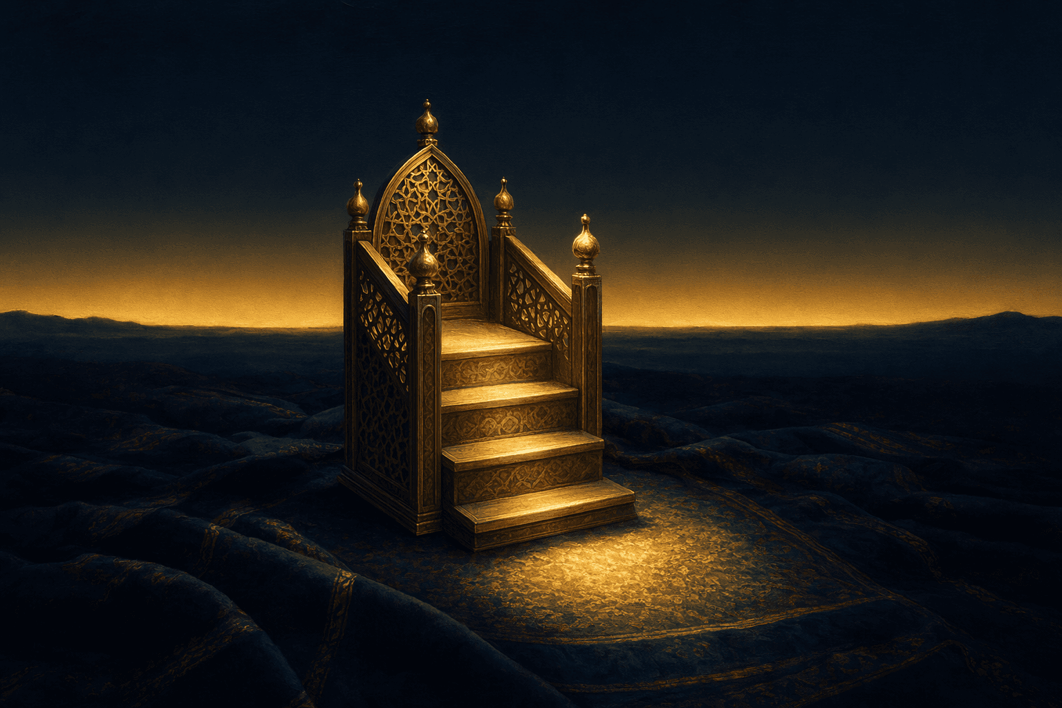 مِنبرٌ نحاسيٌّ صغيرٌ مزخرف على قماش صلاةٍ داكنٍ مطويّ، وضوءٌ ذهبيٌّ دافئ يتجمّع على درجته العليا ويتدفّق نازلاً على الدرَج، وتوهّجٌ جماعيٌّ رقيق أمامه، أمام أفقٍ كحليٍّ عميقٍ قُبيل الفجر.
