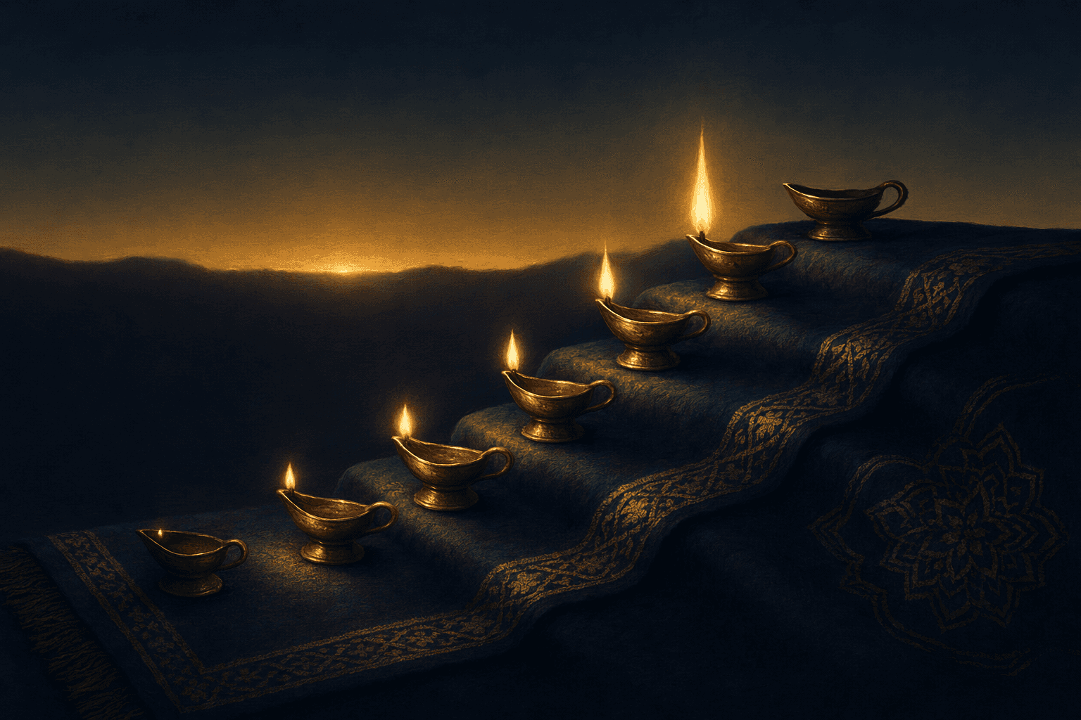 Five small brass oil lamps arranged in an upward-stepping arc across dark navy folded cloth, lit in sequence from a faint ember on the left to a tall bright flame near the top with one unlit lamp at the crest, their light pooling on the cloth against a deep navy background with a thin band of gold dawn along the horizon.