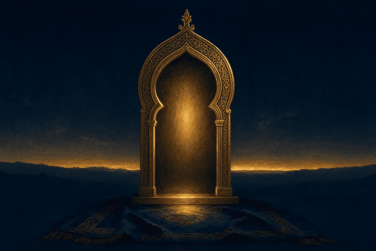 An ornate brass mihrab-arch niche standing upright on dark folded prayer cloth, its keyhole arch framing a calm pool of warm gold light as though marking the direction of prayer, soft cream highlights along its engraved rim and a thin band of pre-dawn gold along the deep navy horizon behind.