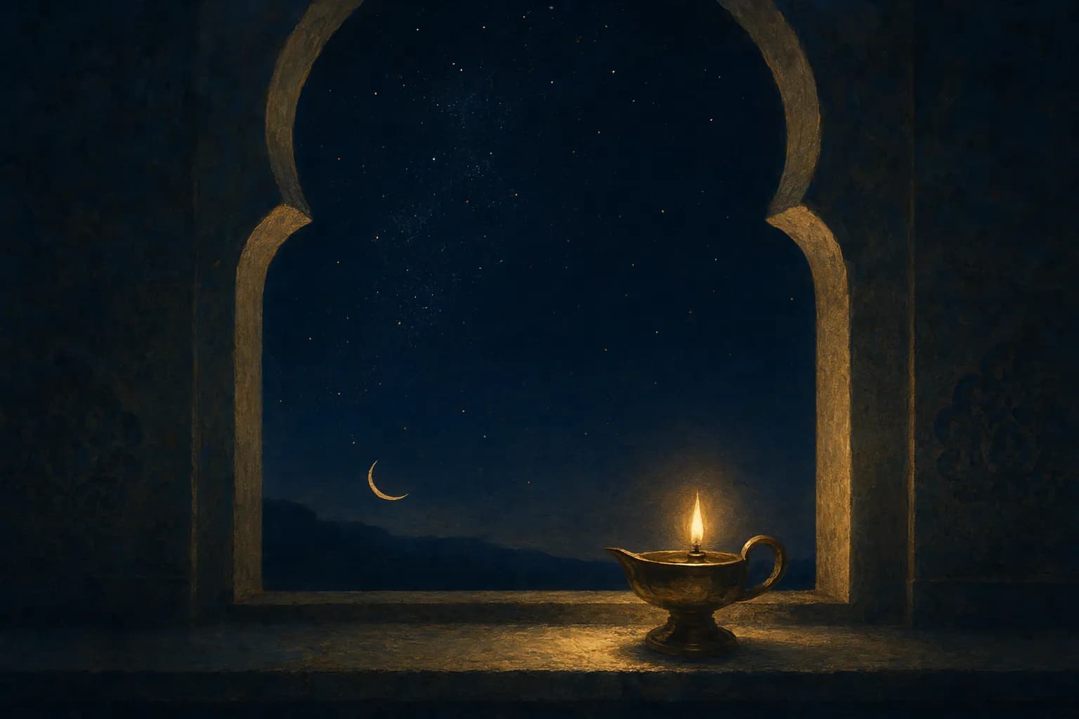 A single small brass oil lamp burning with a warm gold flame on a dark stone windowsill deep in the night, a vast scatter of faint gold stars across the deep navy sky beyond and a thin gold crescent low near the horizon, the lamp glow pooling softly on the sill.