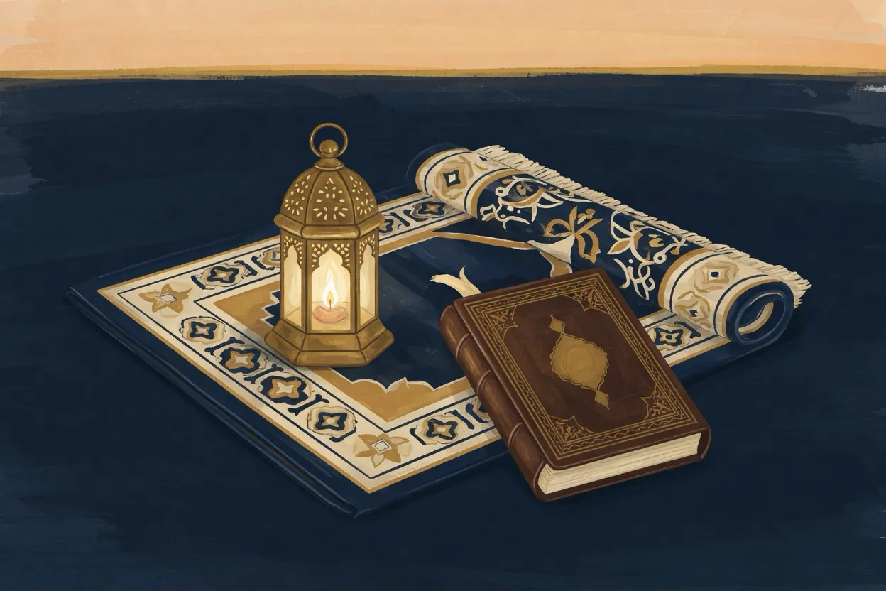 A folded prayer rug, a closed leather-bound mushaf, and a small brass lantern glowing steadily on dark cloth, a thin band of dawn gold along a deep navy horizon.