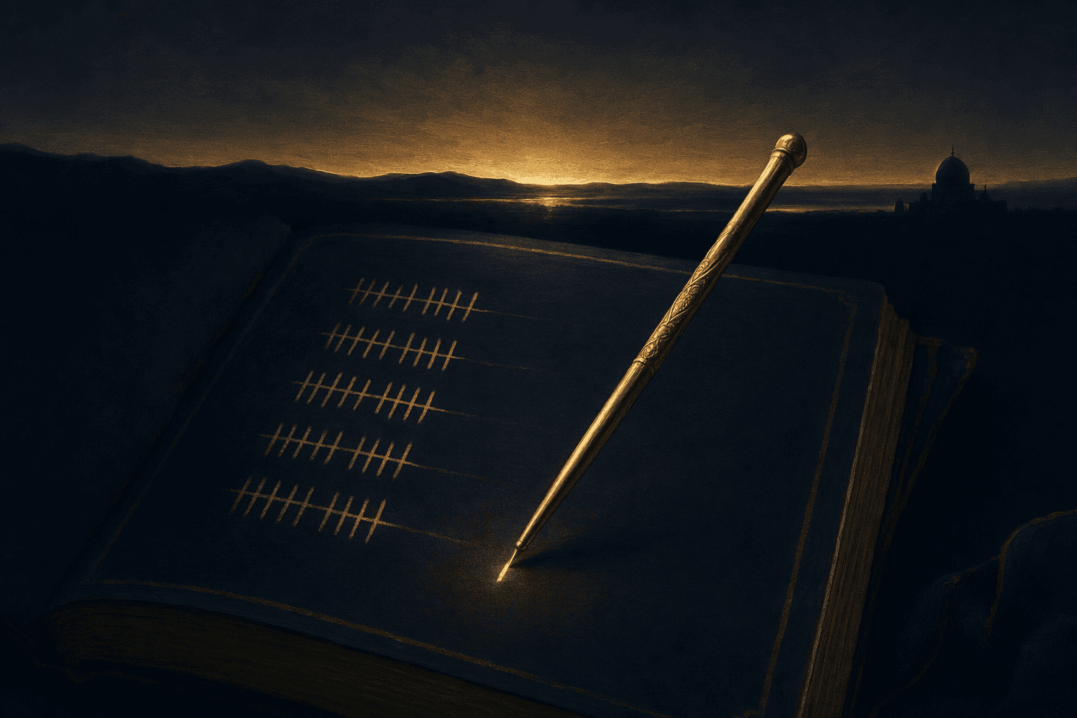 A slim brass stylus resting on a dark ledger page marked with five faint rows of gold tally strokes, the newest stroke at the stylus tip still freshly glowing while the earlier marks settle into a calmer dim light, a thin ribbon of dawn tracing the deep navy horizon behind.