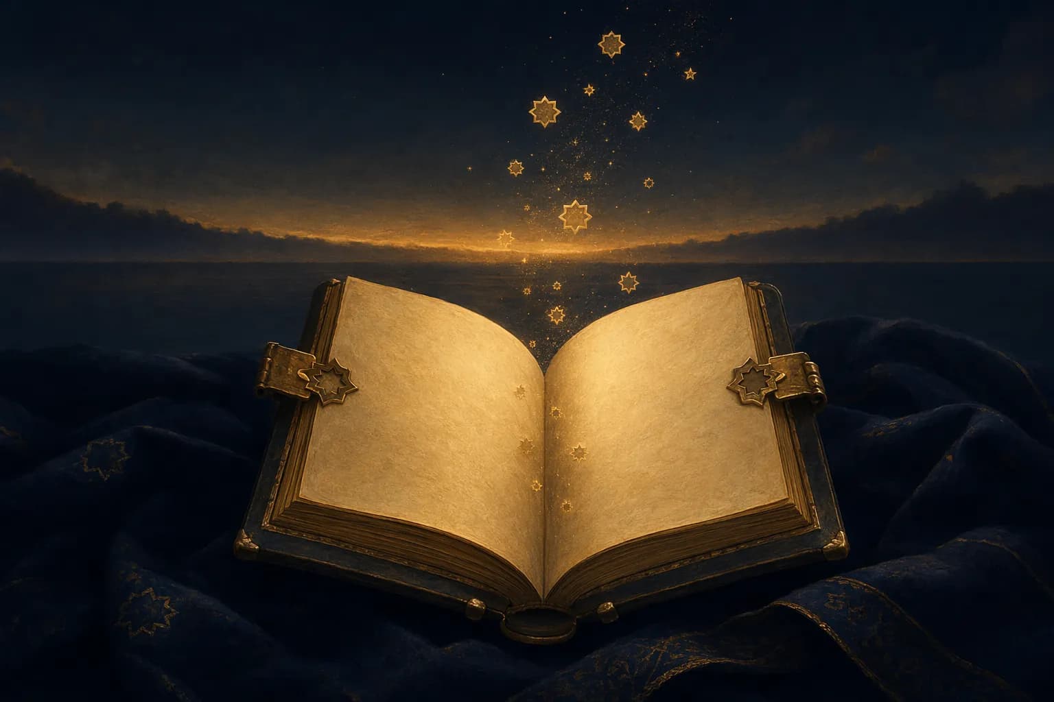 Un manuscrit ouvert, relié de laiton, posé sur un tissu sombre plié, ses pages captant une lumière dorée et chaude, avec de petites poussières d'étoiles géométriques dorées s'élevant de la page, sur un horizon d'avant l'aube bleu nuit profond.