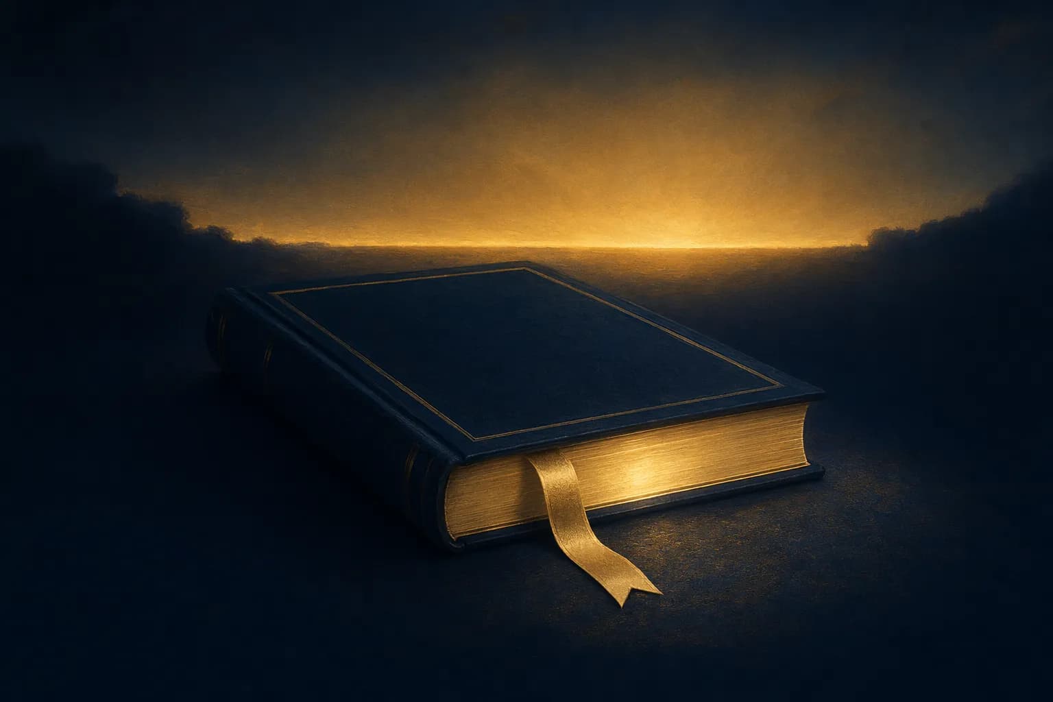 A closed dark navy book on a deep navy surface with a thin gold ribbon bookmark resting between its pages, a soft cream-gold glow seeping from the closed page edges and a faint band of dawn light along the horizon behind it.