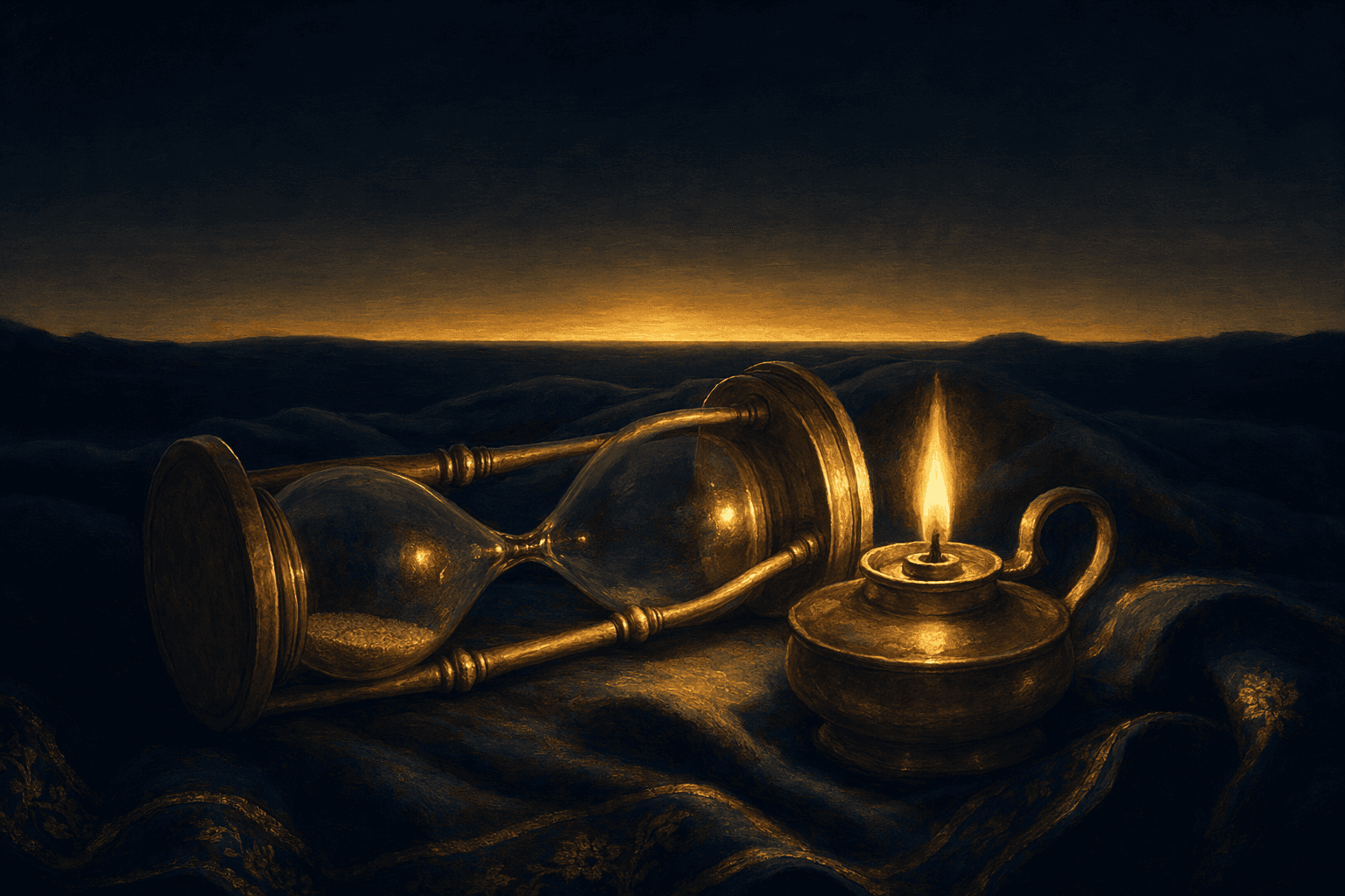 Un sablier de laiton élancé couché sur le côté sur une étoffe sombre pliée, son sable entièrement écoulé, tandis qu'à côté une petite lampe à huile en laiton brûle d'une flamme dorée régulière et intacte, une mince bande d'aube dorée traçant l'horizon bleu nuit derrière.