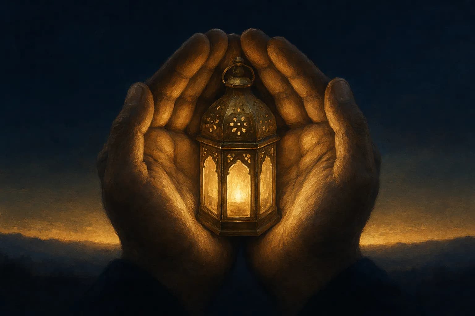 A small brass lantern with its glass panes intact glowing a steady warm gold, cradled in two cupped weathered hands that curve around it like a sheltering roof against the dark, the light kept close while a thin band of dawn glows along the deep navy horizon behind. Something private kept safe.