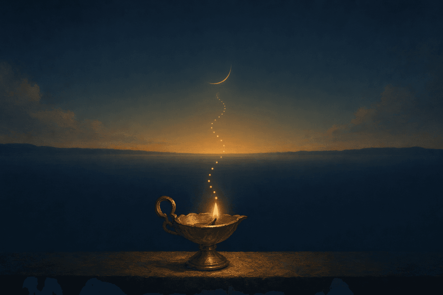A row of five small brass markers set into a dark navy board, the first three lit with a soft warm glow and the last two still waiting in shadow, a single gold thread linking them like a gentle path forward, with a thin band of dawn light along the deep navy horizon behind.