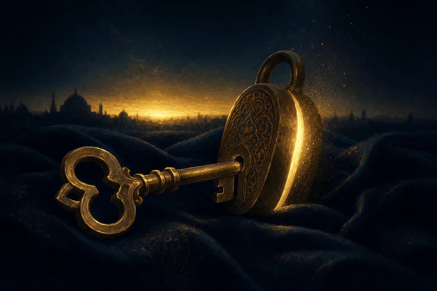 A brass key turning in a small ornate lock on dark folded cloth against a navy pre-dawn background, a thin seam of warm gold light breaking open along the lock's edge with faint motes drifting up and a warm glow along the horizon.