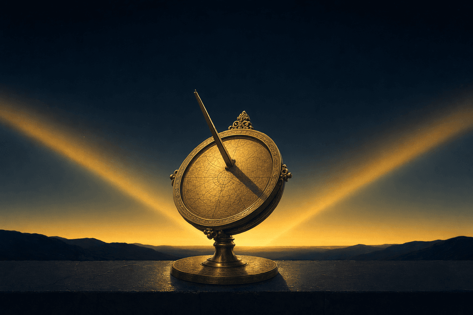 A brass sundial with a long shadow on a dark stone ledge against a deep navy pre-dawn sky, where two layered bands of warm gold twilight rise from below the horizon at slightly different angles.