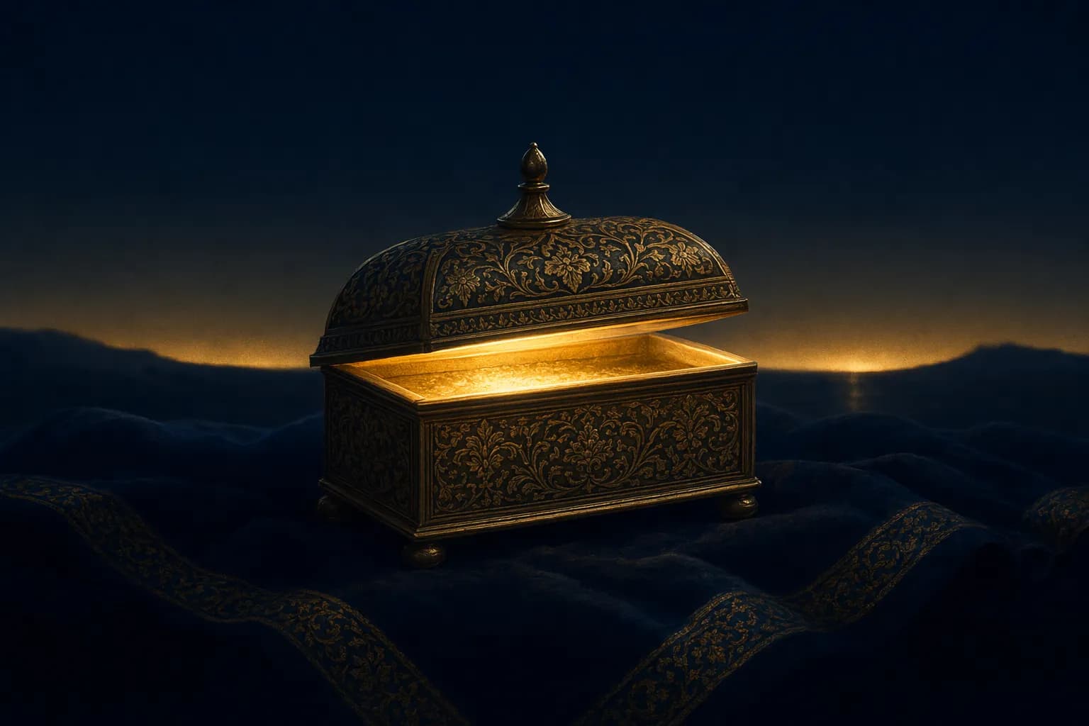 A small ornate brass casket on dark folded cloth at night, its lid lifted just enough that a contained pool of warm gold light glows from inside without spilling into the surrounding deep navy darkness, with a thin band of dawn light along the horizon behind.