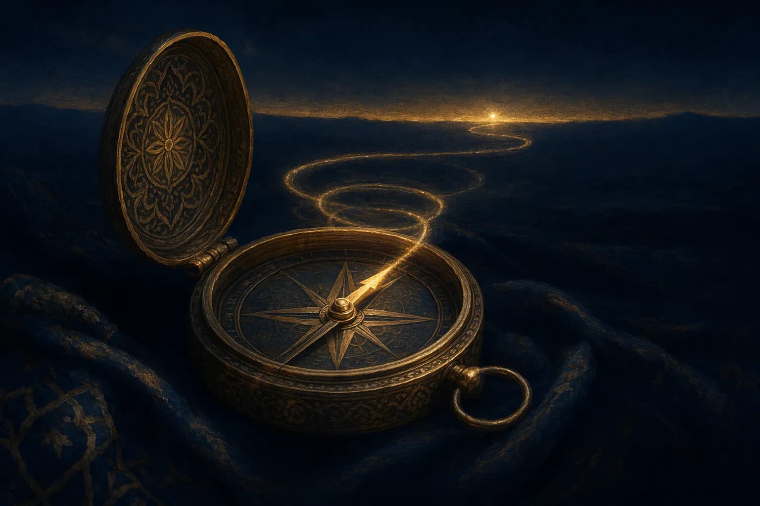 An open antique brass compass on dark folded cloth at night, its glowing gold needle pointing toward a small distant point of golden light on a deep navy horizon, with faint luminous rings and a figure-eight ribbon of light curling in the air above it.